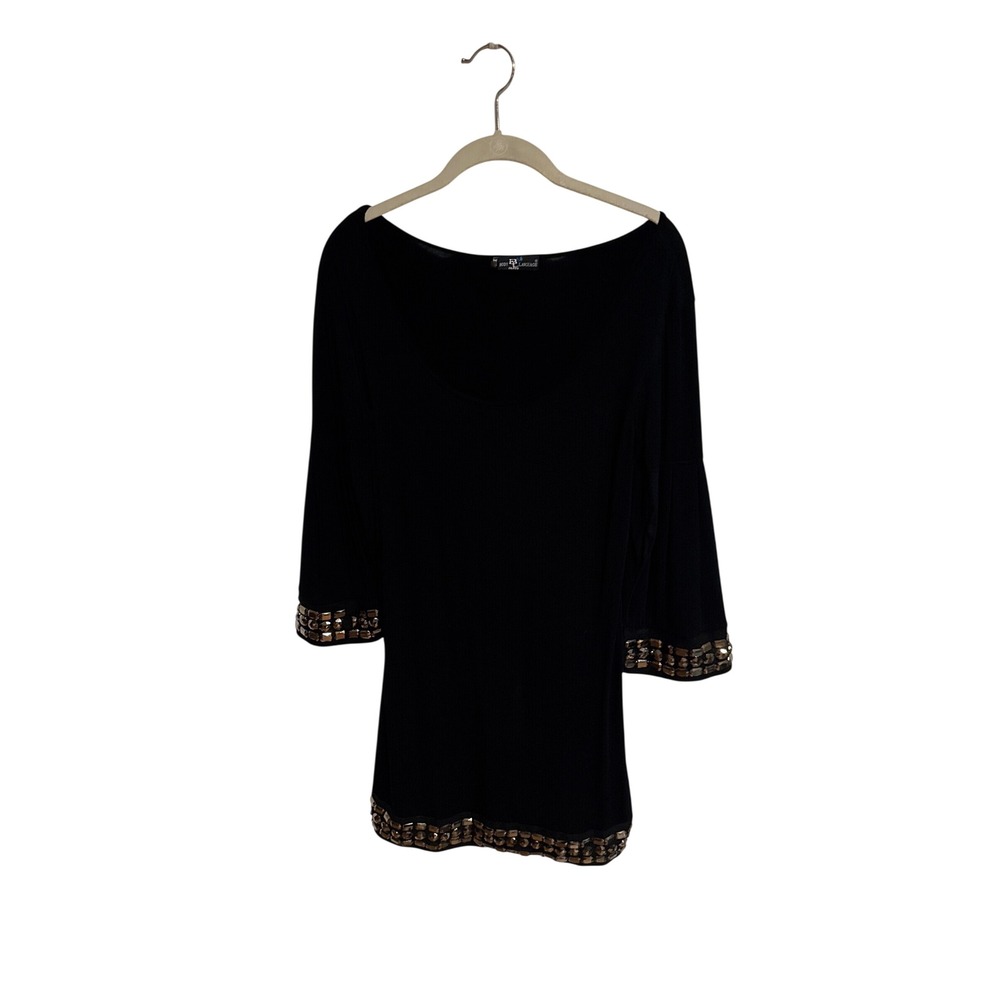 Body Language Paris Womens Black Embellished Tunic Top Bell Sleeve MALESERRE M